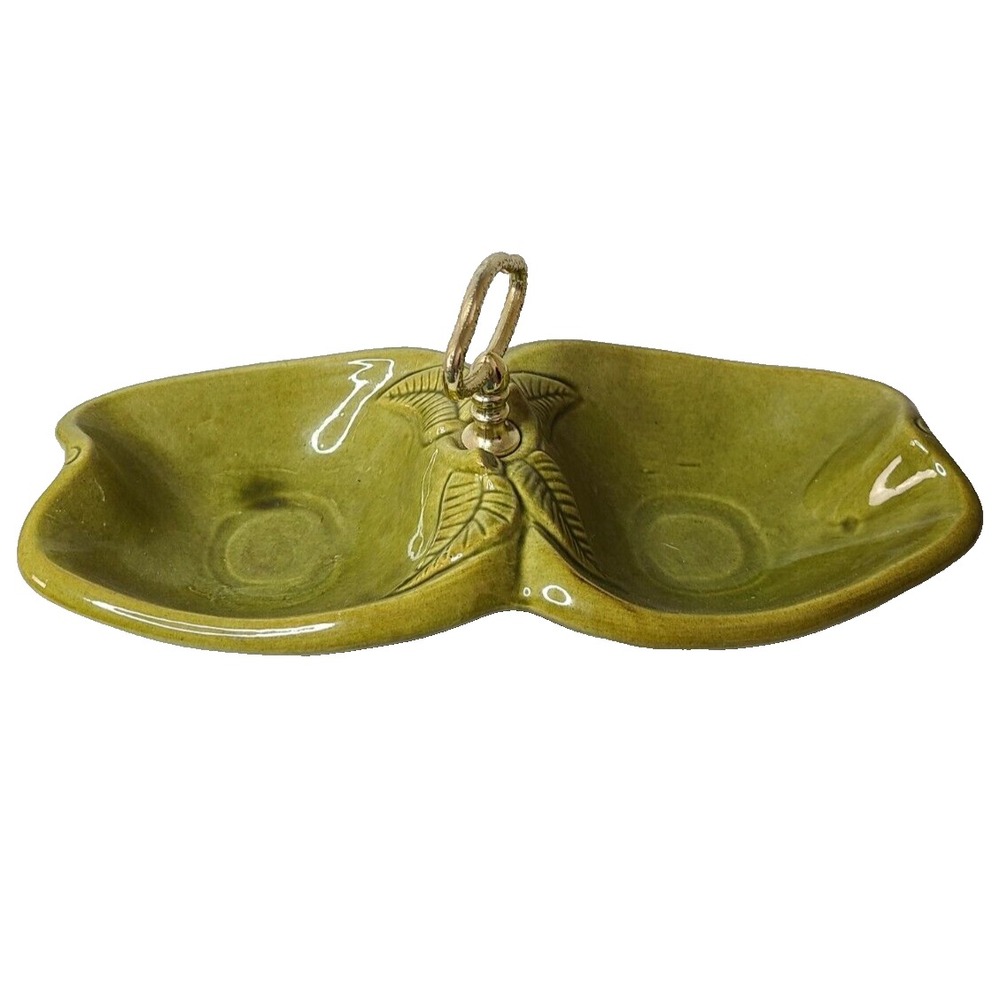 Vintage California Pottery Two Compartment Green Apple Serving Dish With Handle